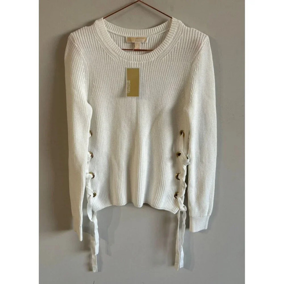 Michael Kors Womens Lace-Up Ribbed Knit Cotton Sweater Long Sleeve White Sz S - Picture 1 of 11